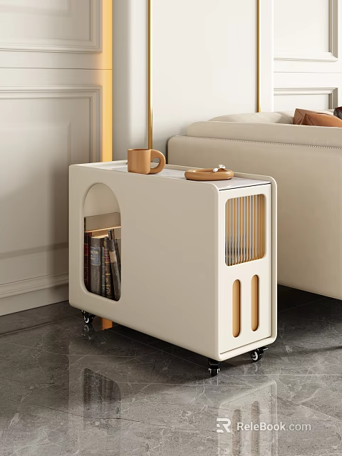 White Modern Side Table with Wheels Arched Cutouts and Coffee Cup Tray Next to Sofa 3d model 