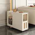 White Modern Side Table with Wheels Arched Cutouts and Coffee Cup Tray Next to Sofa