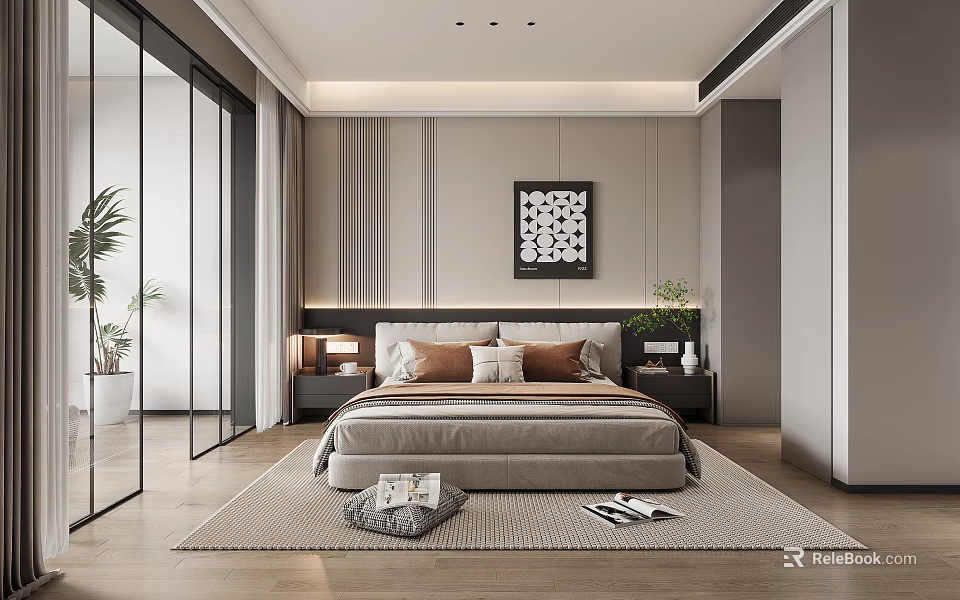Modern Bedroom Interior Design With Bed Nightstands Decorative Painting Rug Green Plants And Glass Doors 3d model 