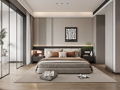 Modern Bedroom Interior Design With Bed Nightstands Decorative Painting Rug Green Plants And Glass Doors 3d model