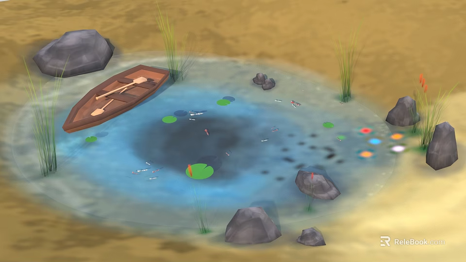 Tranquil Natural Pond Scene Featuring Wooden Boat Lily Pads Small Fish Rocks And Reeds 3d model 
