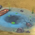 Tranquil Natural Pond Scene Featuring Wooden Boat Lily Pads Small Fish Rocks And Reeds