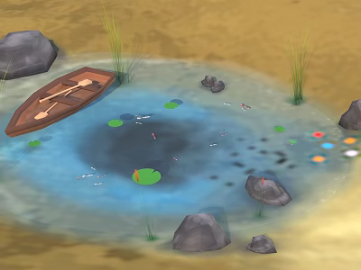 Tranquil Natural Pond Scene Featuring Wooden Boat Lily Pads Small Fish Rocks And Reeds 3d model