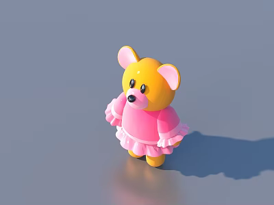 Cute Yellow Teddy Bear Doll Wearing Pink Ruffled Dress on Gray Background 3d model