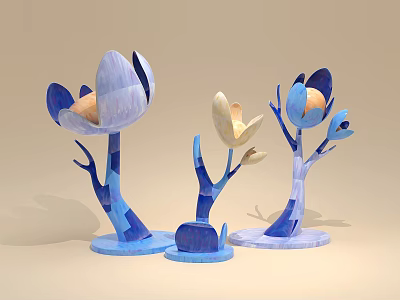 Artistic Flower Shaped Decorative Ornaments With Blue Beige Branch Like Stems And Bases 3d model