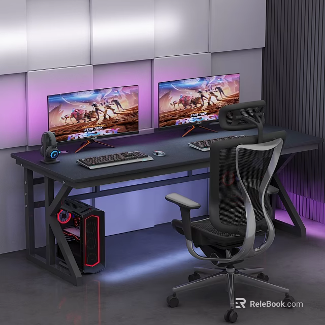 Ergonomic Gaming Desk and Chair Set with Dual Monitors Keyboard Mouse in RGB Lit Room 3d model 