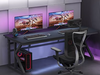 Ergonomic Gaming Desk and Chair Set with Dual Monitors Keyboard Mouse in RGB Lit Room 3d model