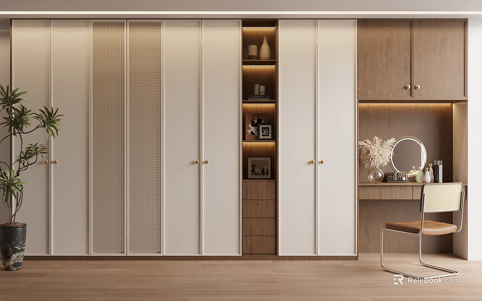 Modern White Sliding Door Wardrobe With Wooden Frame Open Glass Shelves And Decorative Items 3d model 