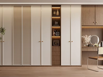 Modern White Sliding Door Wardrobe With Wooden Frame Open Glass Shelves And Decorative Items 3d model