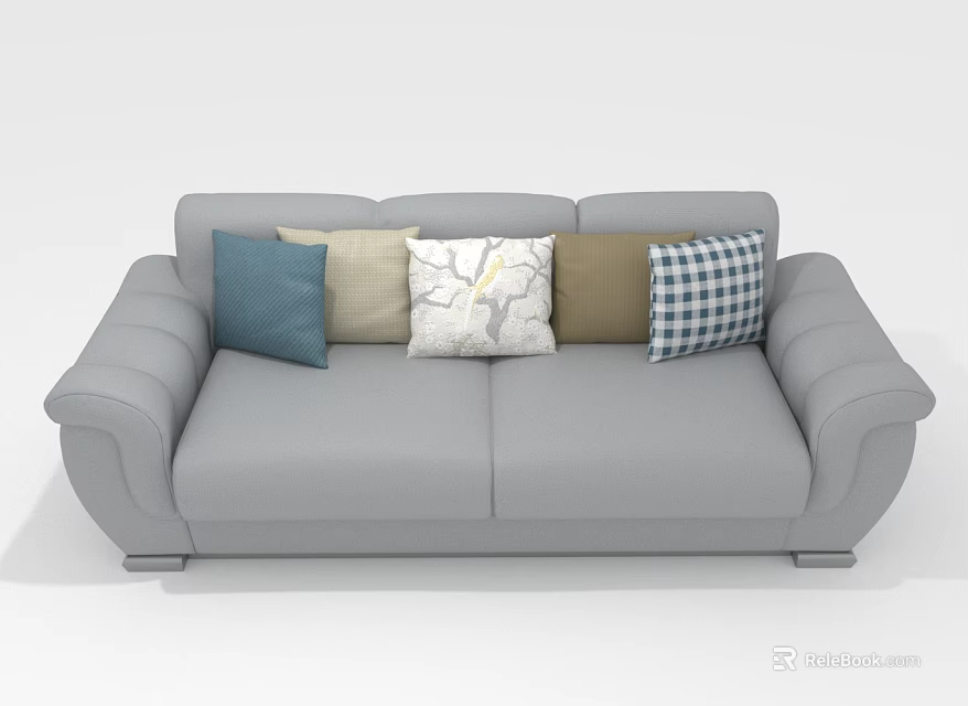 Gray Two Seater Sofa With Colorful Patterned Pillows And Curved Armrest Design 3d model 