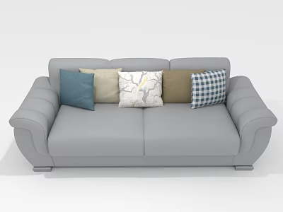 Gray Two Seater Sofa With Colorful Patterned Pillows And Curved Armrest Design 3d model