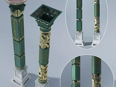 Ornate Traditional Green Columns With Golden Dragon Carvings And White Bases 3d model