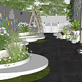 Courtyard Garden With Curved Flower Beds Colorful Decorations And Lush Green Plants