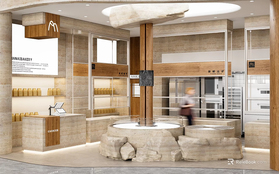 Modern Dessert Shop Interior With Cashier Counter Wooden Shelves And Rock Decor 3d model 