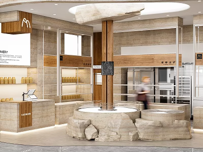 Modern Dessert Shop Interior With Cashier Counter Wooden Shelves And Rock Decor 3d model