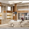 Modern Dessert Shop Interior With Cashier Counter Wooden Shelves And Rock Decor