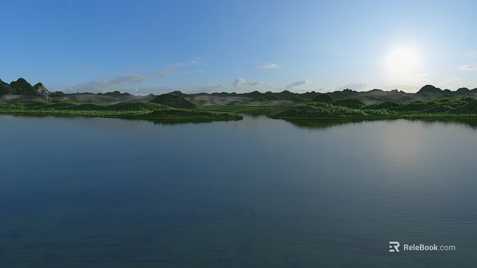 Serene Natural Landscape With Calm Deep Blue Lake Lush Green Islets And Bright Clear Sky 3d model 