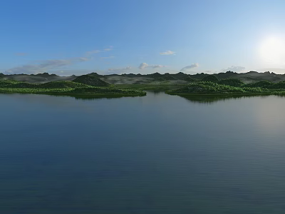 Serene Natural Landscape With Calm Deep Blue Lake Lush Green Islets And Bright Clear Sky 3d model