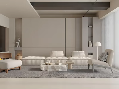 Modern Living Room Interior With White Sectional Sofa Light Gray Rug And TV Wall Design 3d model