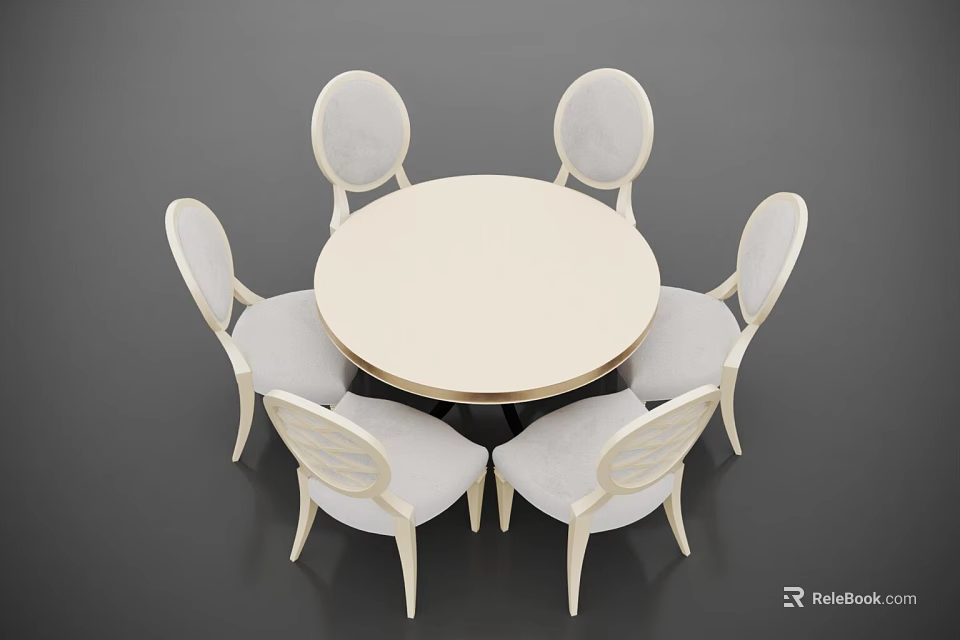 Modern Round Dining Table Set With Six Light Colored Curved Back Chairs 3d model 