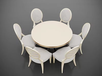 Modern Round Dining Table Set With Six Light Colored Curved Back Chairs 3d model