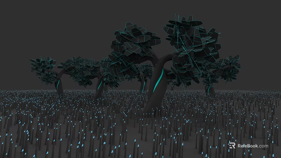 Stylized Plant Art With Geometric Trees Glowing Blue Accents In Dark Forest 3d model 