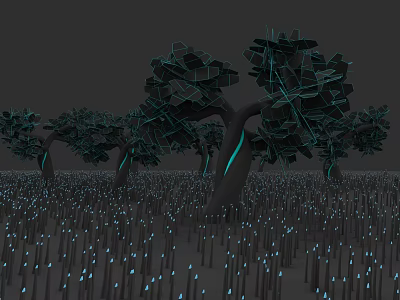 Stylized Plant Art With Geometric Trees Glowing Blue Accents In Dark Forest 3d model