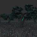 Stylized Plant Art With Geometric Trees Glowing Blue Accents In Dark Forest