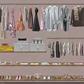 Clothes Hanging On Racks With Various Styles Folded On Shelves And Shoes Below