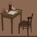 Wooden Writing Desk With Red Thermos Coffee Cups And Wooden Chair