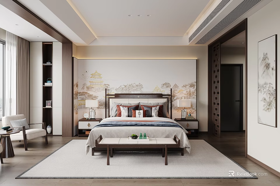 Elegant Traditional Bedroom Interior With Wooden Bed Mountain Wall Art And Area Rug 3d model 