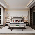 Elegant Traditional Bedroom Interior With Wooden Bed Mountain Wall Art And Area Rug