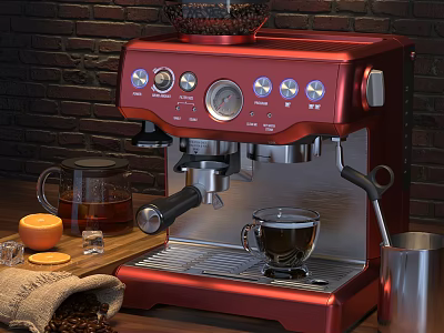 Red Coffee Machine With A Cup Of Coffee Coffee Beans Glass Pot And Brick Wall Background 3d model