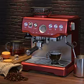 Red Coffee Machine With A Cup Of Coffee Coffee Beans Glass Pot And Brick Wall Background