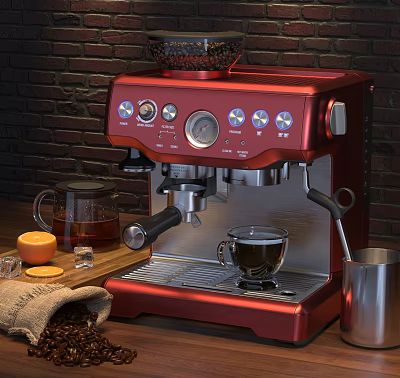 Red Coffee Machine With A Cup Of Coffee Coffee Beans Glass Pot And Brick Wall Background 3d model