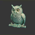 Owl Sculpture With Blue Green Feathers And Yellow Eyes Clutching Branch On Dark Background