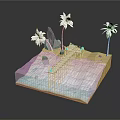 3D Beach Scene Model With Palm Trees Pier Water And Rocks