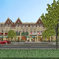 Charming Commercial Street With Red Brick Buildings Green Trees Outdoor Seating And Storefronts