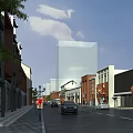 Vibrant Commercial Street With Red Brick Buildings Storefronts Street Lamps And Cars