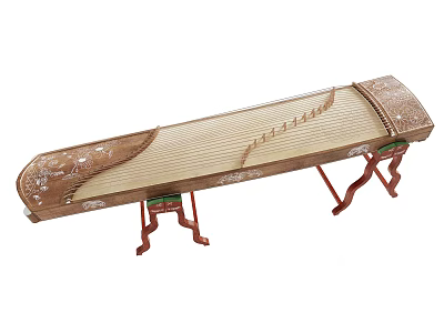 Traditional Chinese Zither Musical Instrument With Carved Wooden Body And Red Stand 3d model