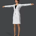 Woman In White Blazer And White Skirt With Arms Outstretched On Gray Background