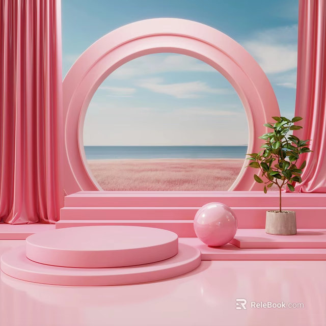 Pink Display Platform With Circular Arch Sea View Beach And Green Plant 3d model 