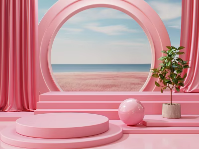 Pink Display Platform With Circular Arch Sea View Beach And Green Plant 3d model