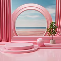 Pink Display Platform With Circular Arch Sea View Beach And Green Plant