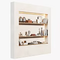 Stylish Decorative Ornament Arrangement With Books Geometric Shapes And Metal Pieces On Illuminated Shelves