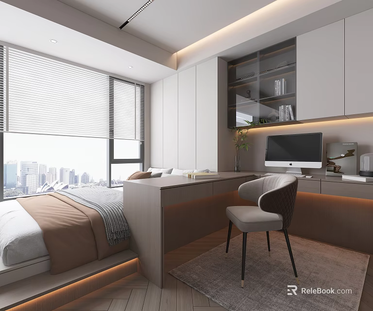 Modern Tatami Bedroom Interior Design With Platform Bed Desk Chair And City View Window 3d model 