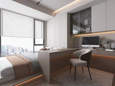 Modern Tatami Bedroom Interior Design With Platform Bed Desk Chair And City View Window 3d model