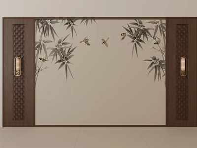 Traditional Chinese Background Wall with Bamboo Leaves Birds Wooden Frame and Lanterns 3d model