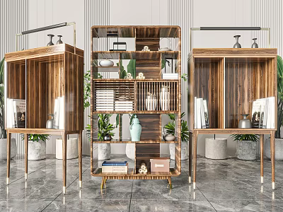 Modern Wooden Decorative Cabinets With Multiple Shelves And Decorative Items Plants Books 3d model