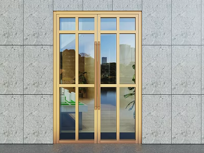 Golden Frame Glass Swing Door With Double Panels Installed On Gray Wall 3d model